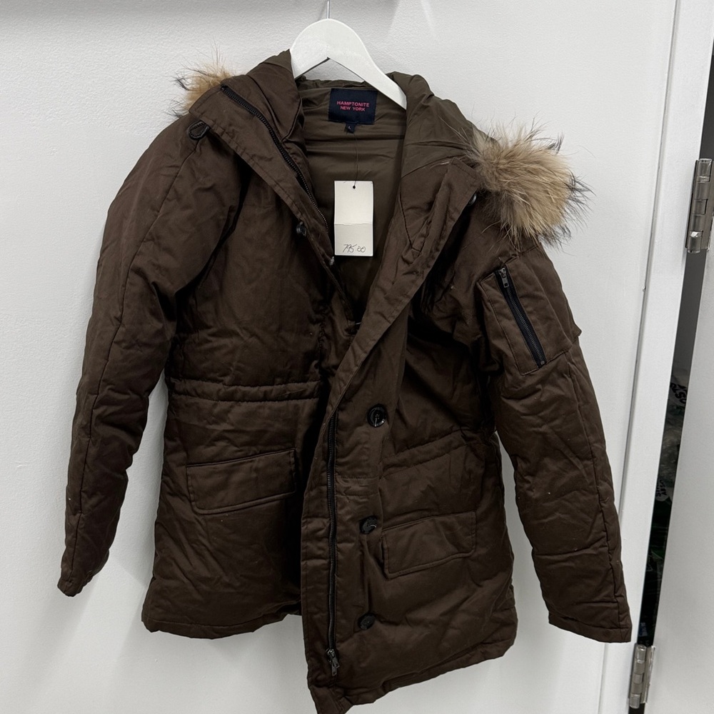 Women's Brown Puffer Jacket with Faux Fur Hood